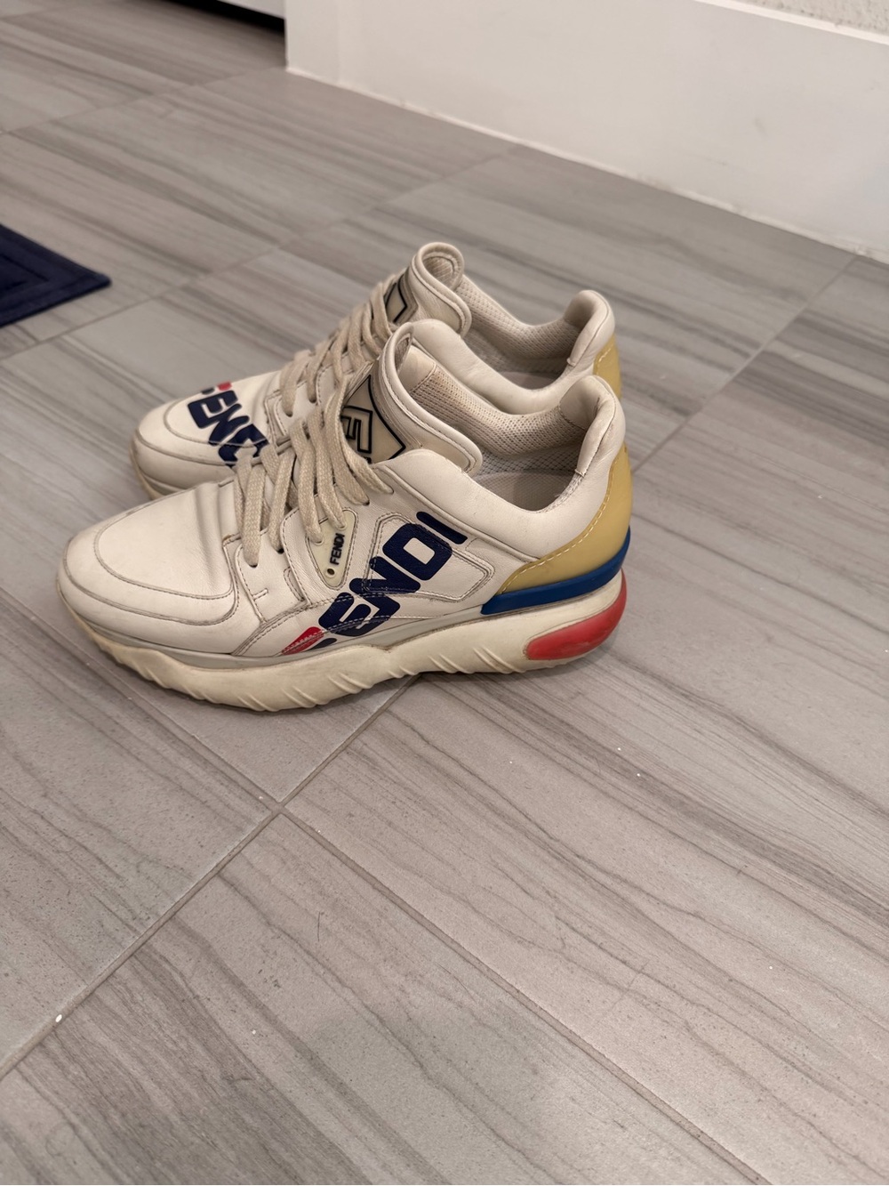 Fendi White Sneakers with Blue, Red and Yellow Accents